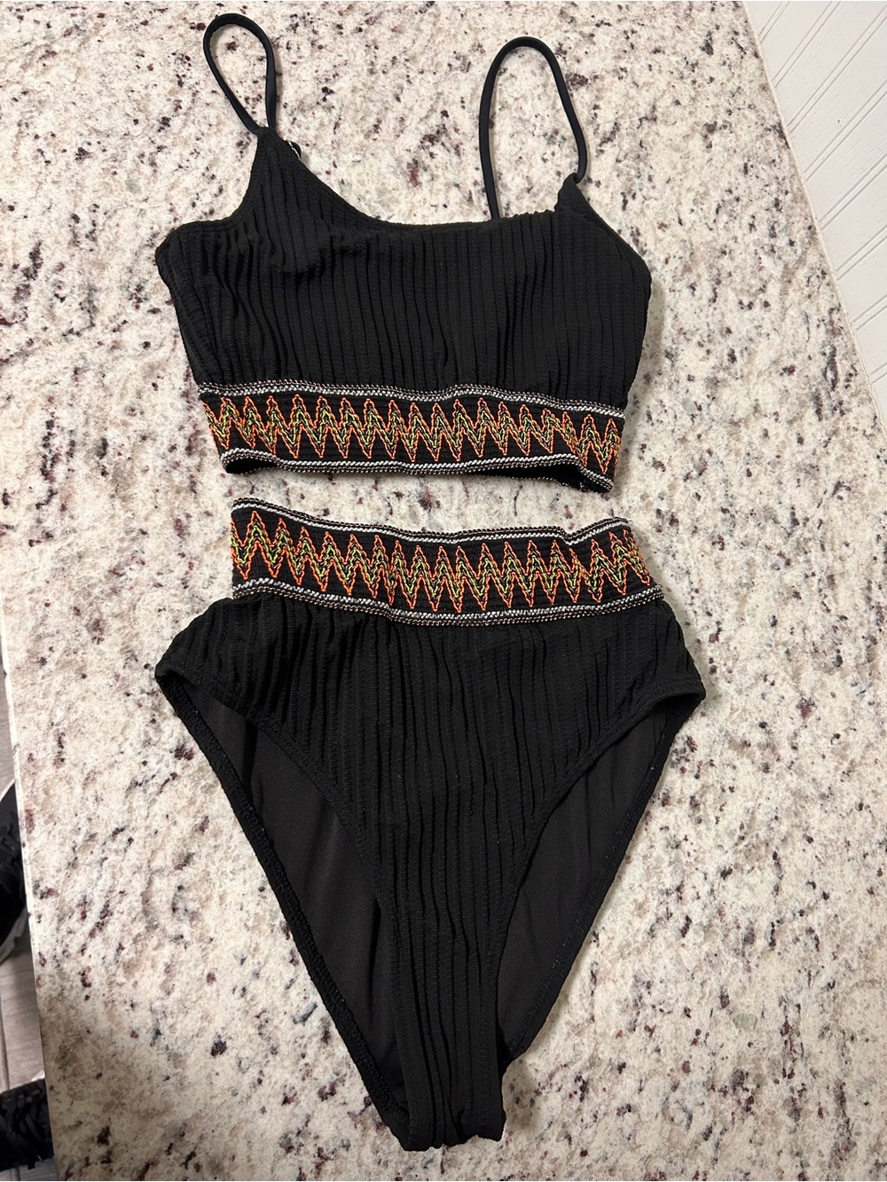 Black Textured Two-Piece Bikini with Colorful Embroidered Trim